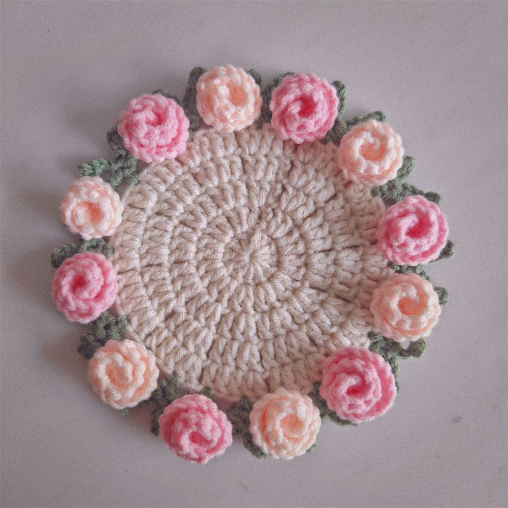 Rose Bouquet Coaster Crochet Flower Placemat Hand Woven Bouquet Cupmat Home Desktop Potted Plant Ornaments Mother's Day Gift