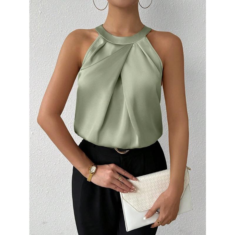 Women's Satin Shirt Sleeveless Hanging Neck Summer New Solid Color Shirt Top