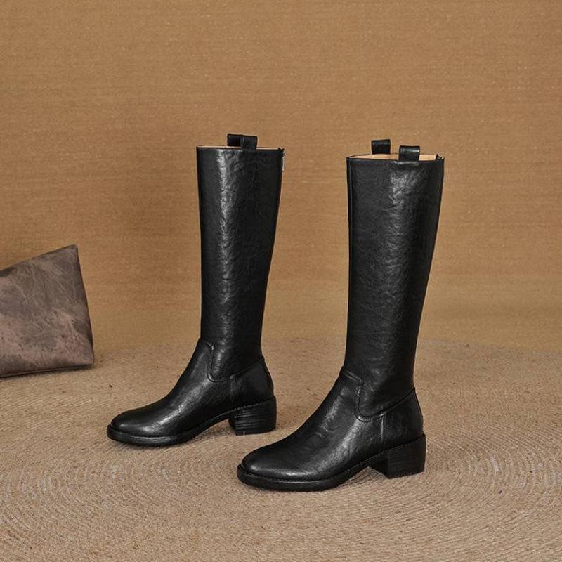 Podzimní a zimní dámské kožené boty z prané hovězí kůže ve velkých velikostech, nové dámské boty na středním podpatku, všestranné boty s kulatou špičkou, zadní zip, vysoké dámské boty
