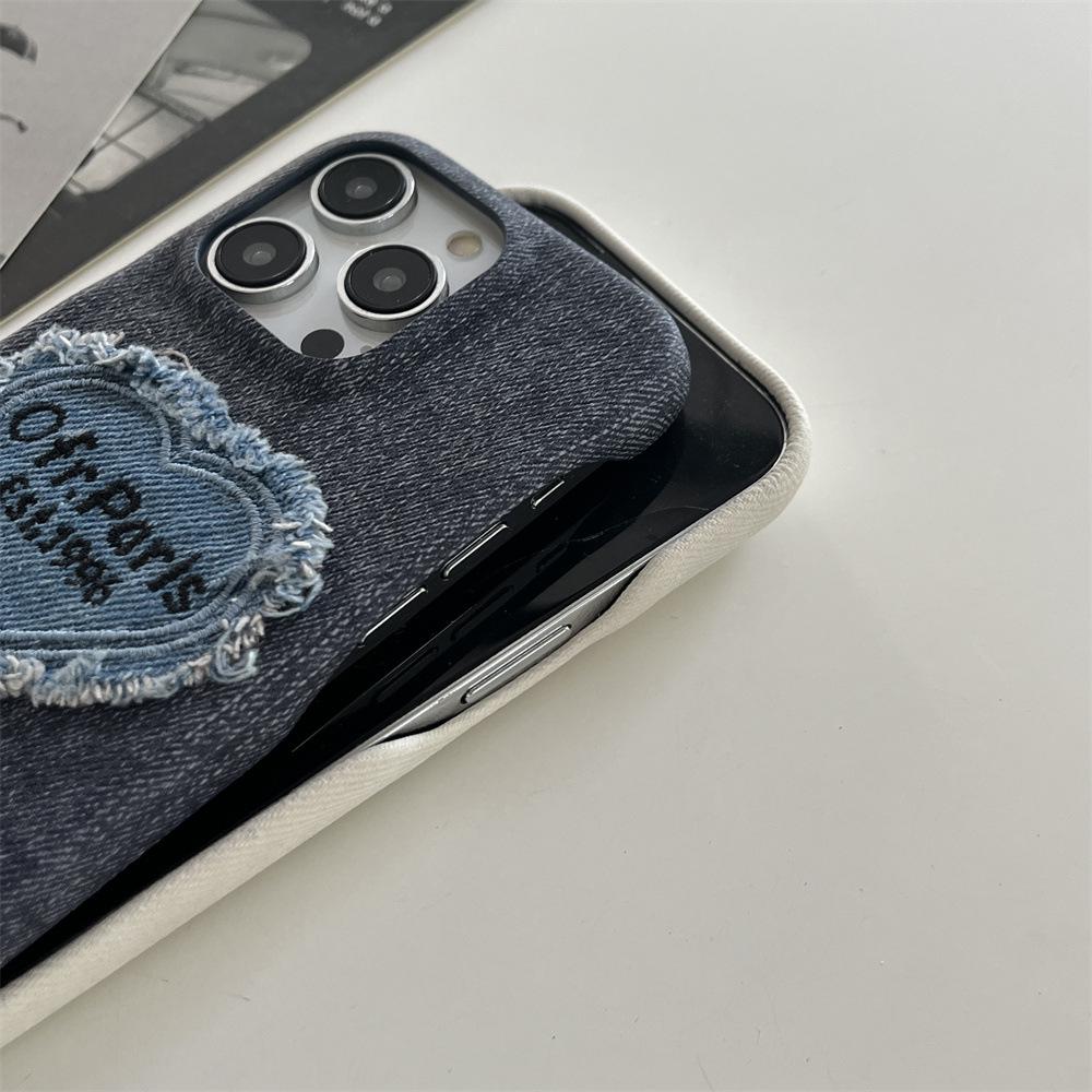 Denim Embroidery Heart Cartoon Phone Case for iPhone 13/12/14/15/16/17 PRO