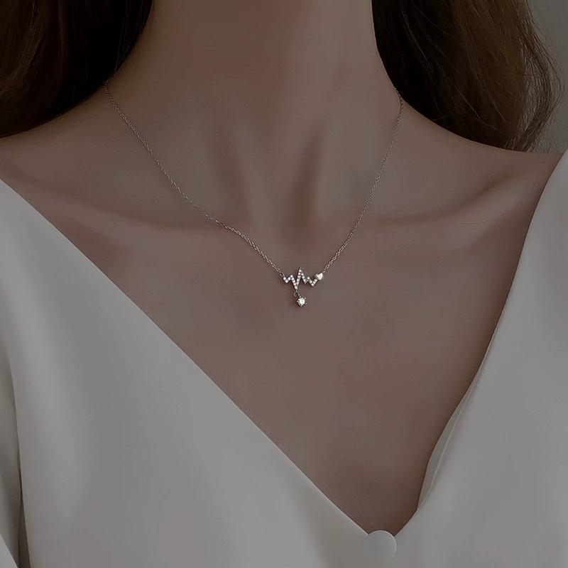FY-1608 925 Sterling Silver Rhodium Plated Cute Christian Heartbeat Electrocardiogram Rope Chain Women's Pendant Necklace