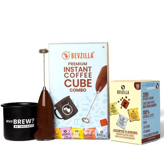 

Bevzilla Gift Box of 10 Assorted Instant Coffee Cubes With Electric Frother & Enamel Mug|Date pam Jaggery | Healthy Coffee