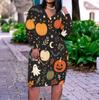 Women Plus Size V Neck Long Sleeve Fitted Straight Hem Dress Halloween Dachshund Printed White