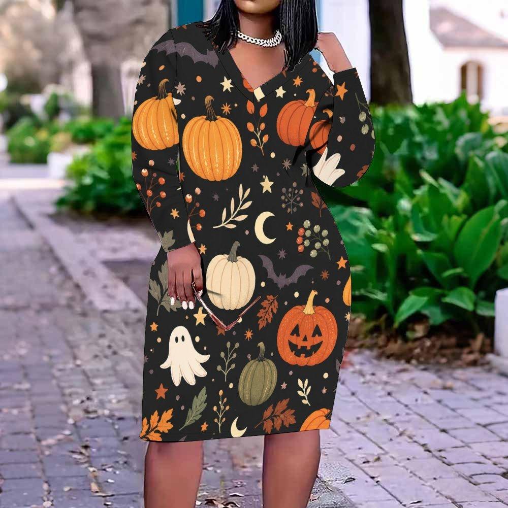 Women Plus Size V Neck Long Sleeve Fitted Straight Hem Dress Halloween Dachshund Printed White