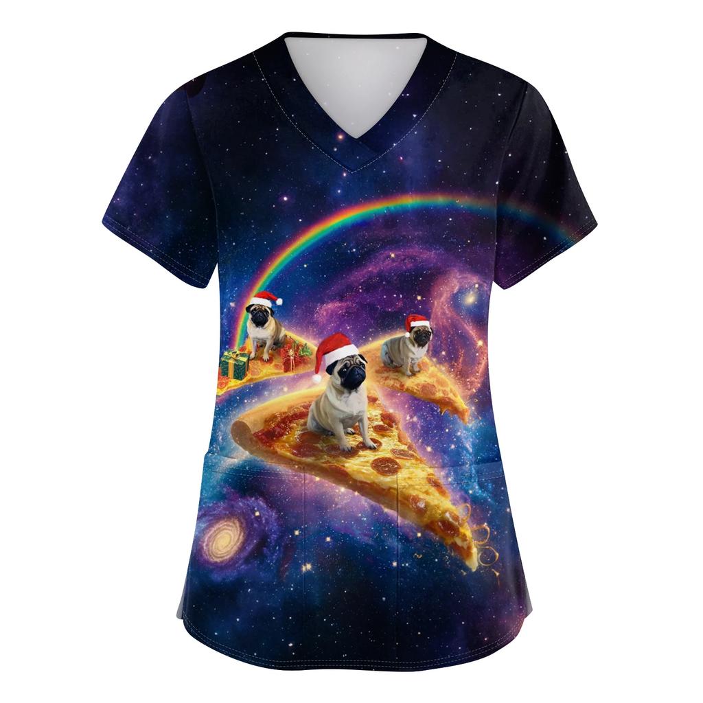 Women's V-neck Christmas printed short-sleeved pocket side-slit protective suit top