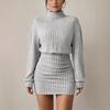 Dames Rolkraag Lange Mouwen Geribbelde Gebreide Bodycon Mini Jurk Casual Trui Jurk