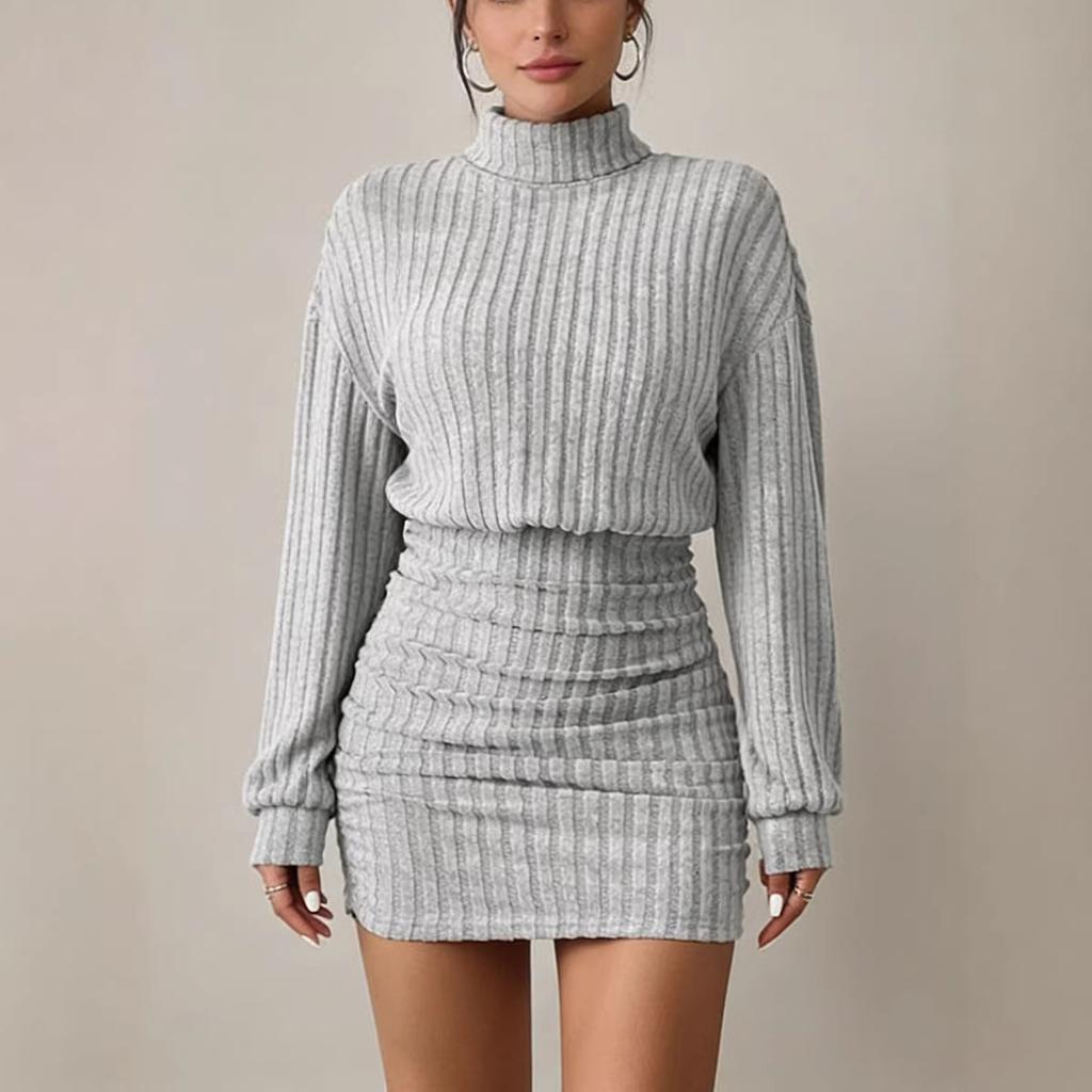 Women's Turtleneck Long Sleeve Ribbed Knit Bodycon Mini Dress Casual Sweater Dress