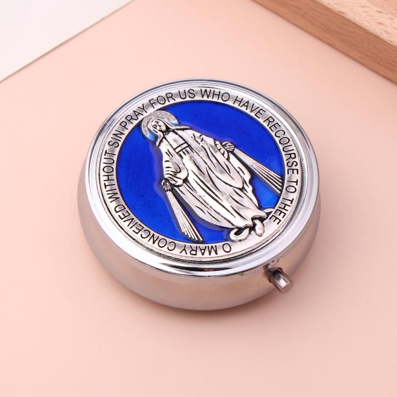 Retro Metal Holy Communion Saint Benedict Rosary Gift Boxes Round Religious Jewelry Packing Case