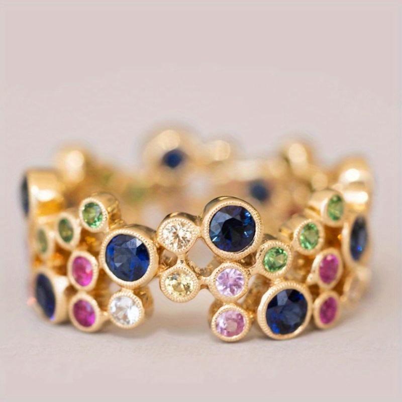 

Elegant Retro Rainbow Zirconia Inlaid Ring - Boho-Chic Golden-Tone Cocktail Ring with Multicolor Synthetic Cubic Zirconia, Perfect for Daily Wear & Ho 9 золотистый