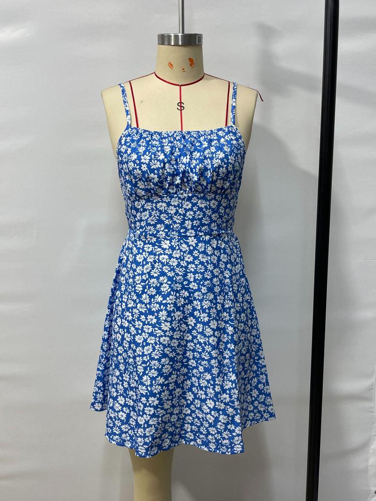 Auf Lager: 2025 Neues Europäisches und Amerikanisches Schlankes Floral-Spaghettiträger-Rückenfreies Kurzes Kleid - Frühling/Sommer