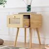 Classic Bedside Table with One Drawer, Rattan Drawer Top, with Gold-Colored Handle And Long Wooden Legs