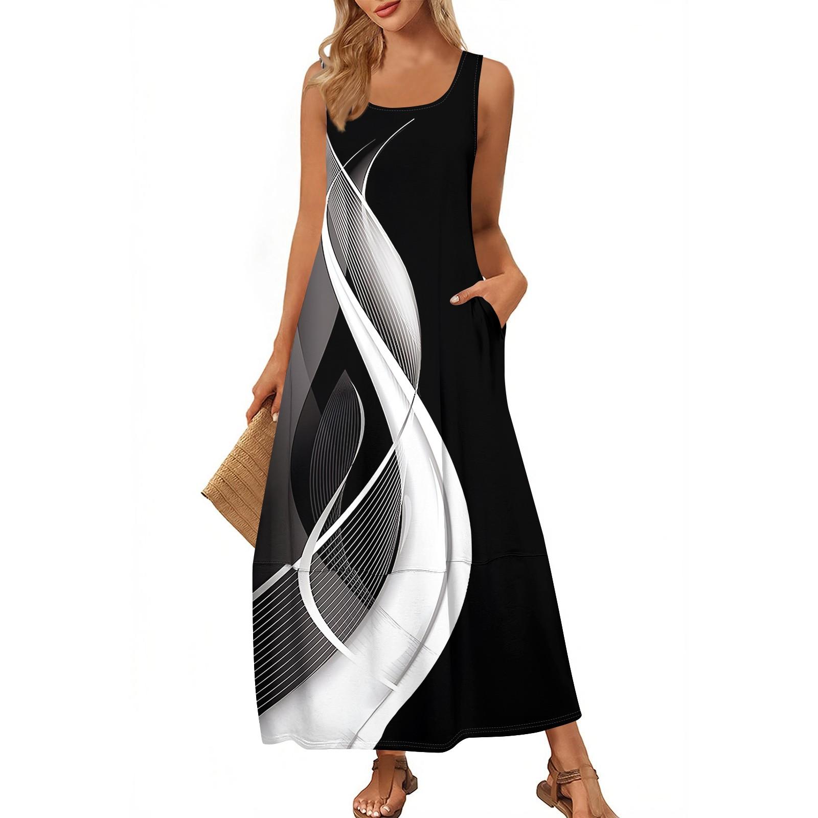 

Женская модная повседневная юбка макси, летняя пляжная юбка с круглым вырезом, без рукавов, свободный сарафан с цветными блоками и принтом XXL