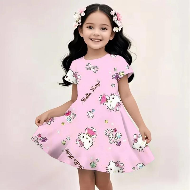 Sanrio New Summer Girls Dress Hello Kitty 3D Printed Fashionable Cartoon Cute Princess Girls Clothes Skirt