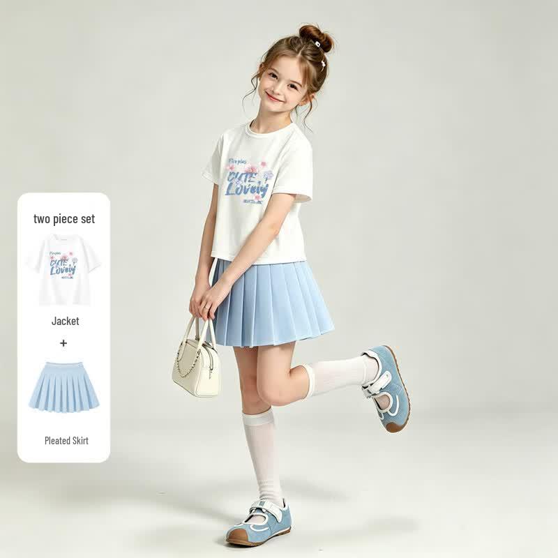 FivePlus Girls' Summer Short Sleeve Pleated Skirt Set