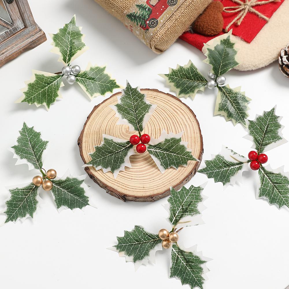 10Pcs Artificial Holly Berries Green Leaves for Christmas Decoration Fake Leaf for Home Decor Navidad New Year Gift Accessories