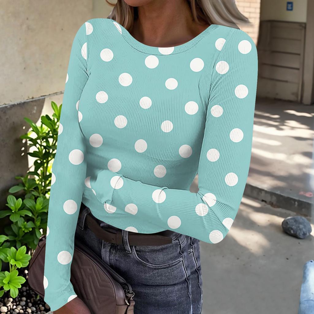 Women's Casual Polka Dot Long Sleeve Top, Round Neck Ribbed Blouse for Daily Wear