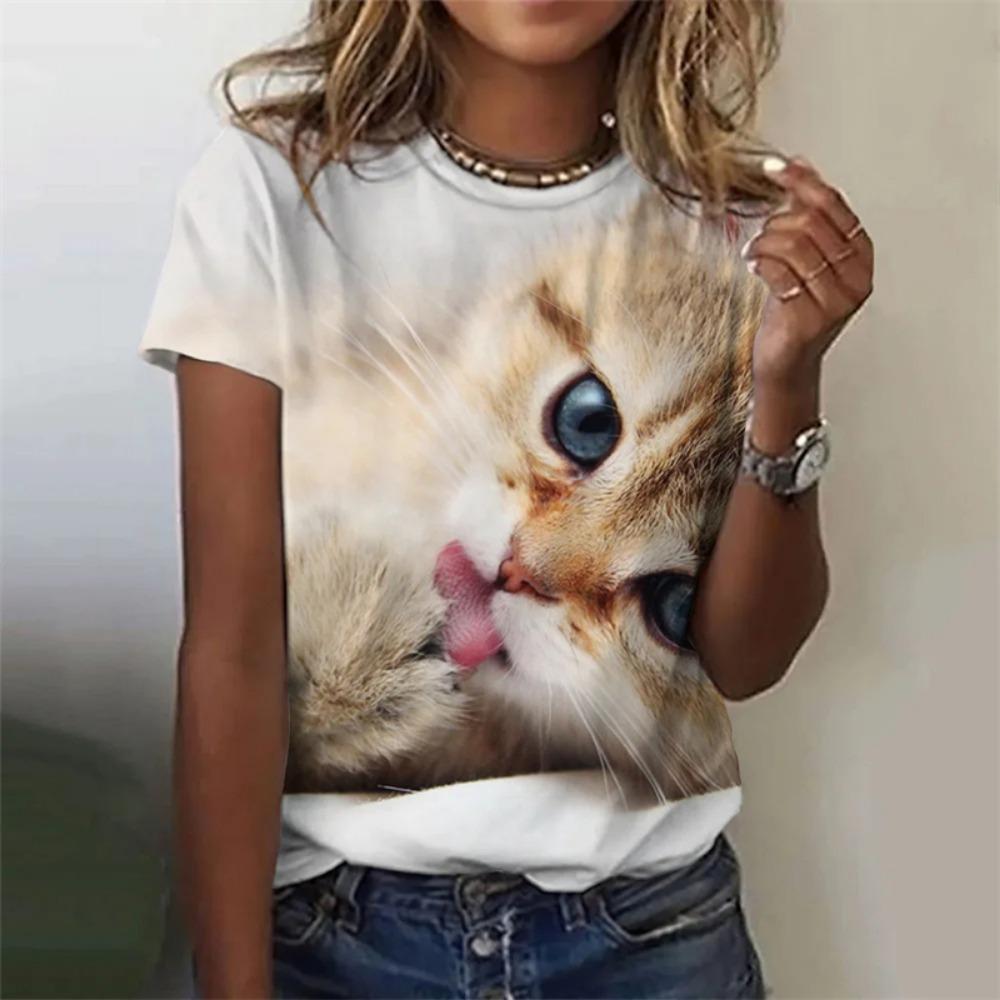 Women's T Shirts Funny 3D Kawaii Cat Print T-Shirts Fashion O-neck Short Sleeve Top Female Y2k Clothing Cute Clothes