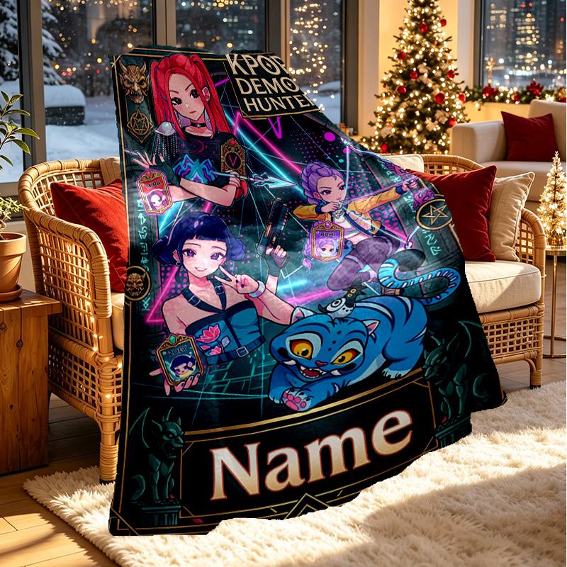 Custom Name Personalized Kpop Demon Hunter Print Blanket, Home Decor, Bedroom, Sofa, Camping, Couch, Gifts for Birthday Christmas