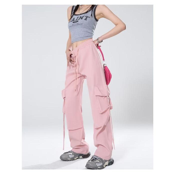 Pantaloni da Donna a Vita Alta Gamba Dritta Gamba Larga Casual Larghi Pantaloni a Strascico Pantaloni Cargo