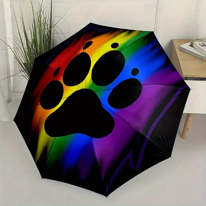 Automatic Open/Close Umbrella with Rainbow Paw Print Design - 8-Rib Windproof Folding Umbrella, Portable Compact Rain Umbrella