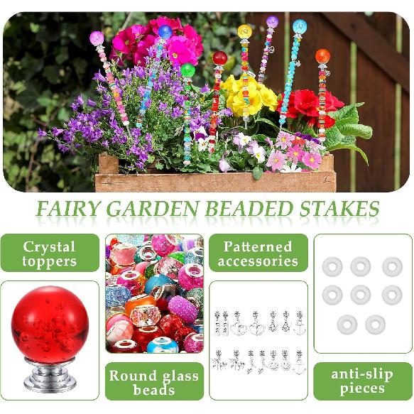 Chunful 176 Pcs Garden Stakes Fairy Wand Garden Stakes with Crystal Stopper Top Beaded Round Glass Bead Antique Silver Bail Beads with Pendant Silver