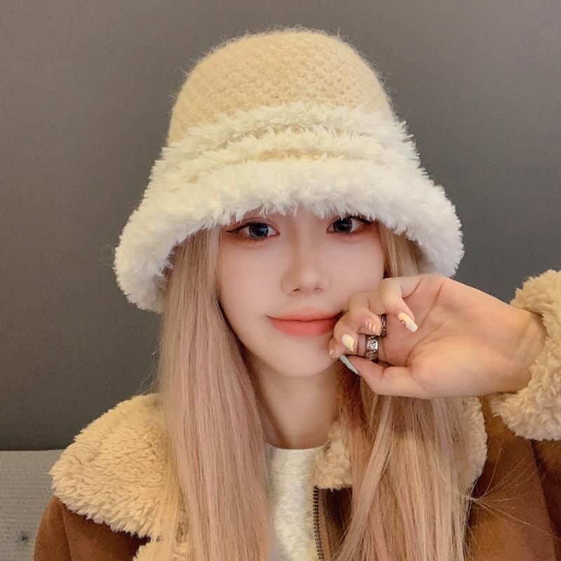 Autumn and Winter Thick Warm Bucket Hat Retro Versatile Face Small Bucket Hat Big Brim Plush Around the Basin Hat