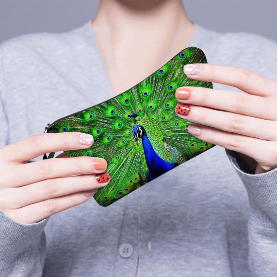 Aufhängeloch Glatter Reißverschluss Kosmetiktasche Polyester Pfauenfederdruck Große Kapazität Beauty Handtasche für Urlaub