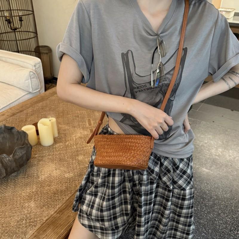 Handwoven Genuine Leather Crossbody Bag Women Casual Tote With Zip Small Square Shape