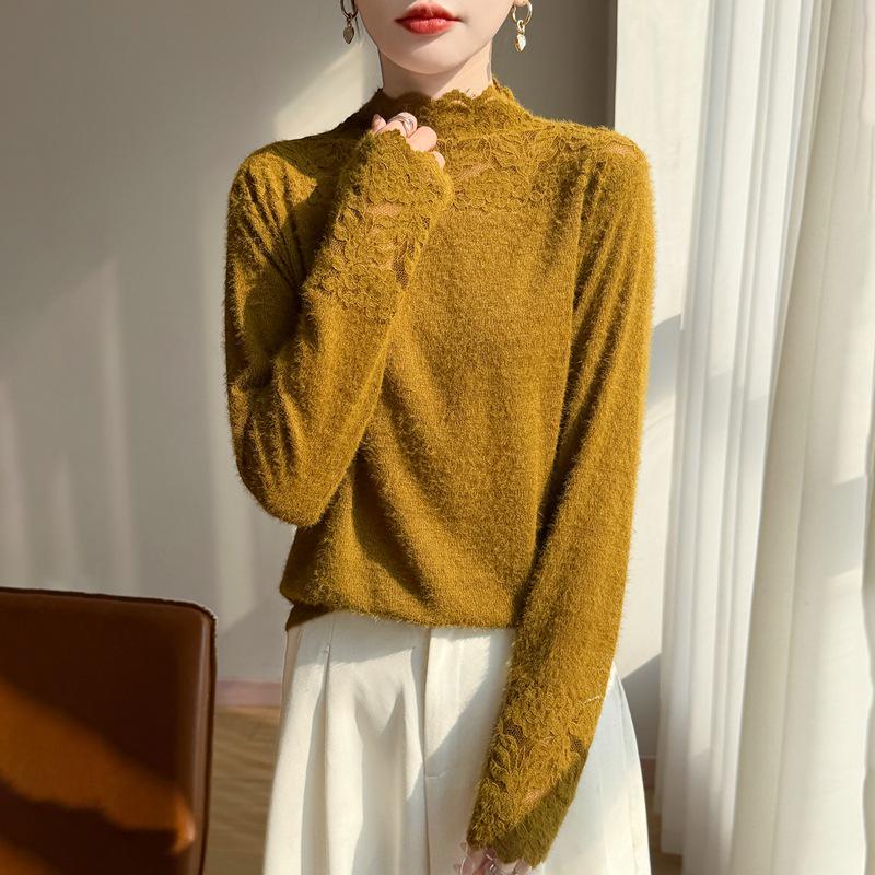 Cross 2025 Autumn/Winter Lace Color Block Knit Pullover with Half-High Collar and Long Sleeves