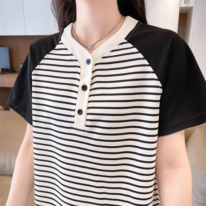 American retro striped color matching shoulder round neck short-sleeved t-shirt women's summer loose trendy brand hiphop Hong Kong style top