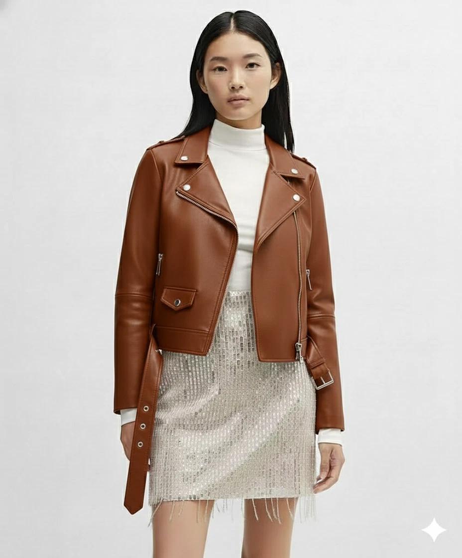 

Куртка Коричневая Женская из Овчины Мотоциклетная Кожа Повседневная Натуральная Ручной Работы Стильная 3XL