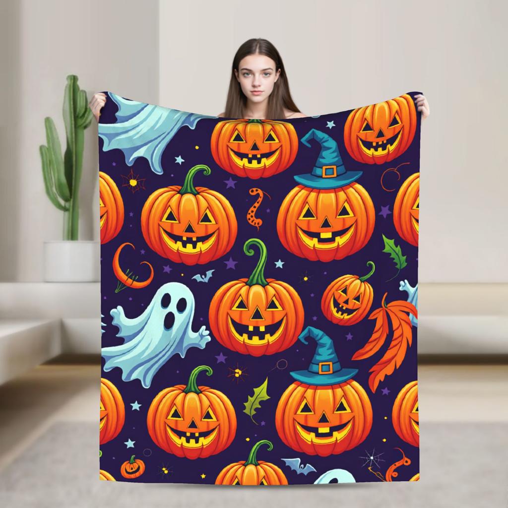 Halloween Silhouette Pumpkin Ghost Bat Witch Hat Seamless Pattern Orange Background Cozy Blanket Throws Picnic Flannel Bedspread