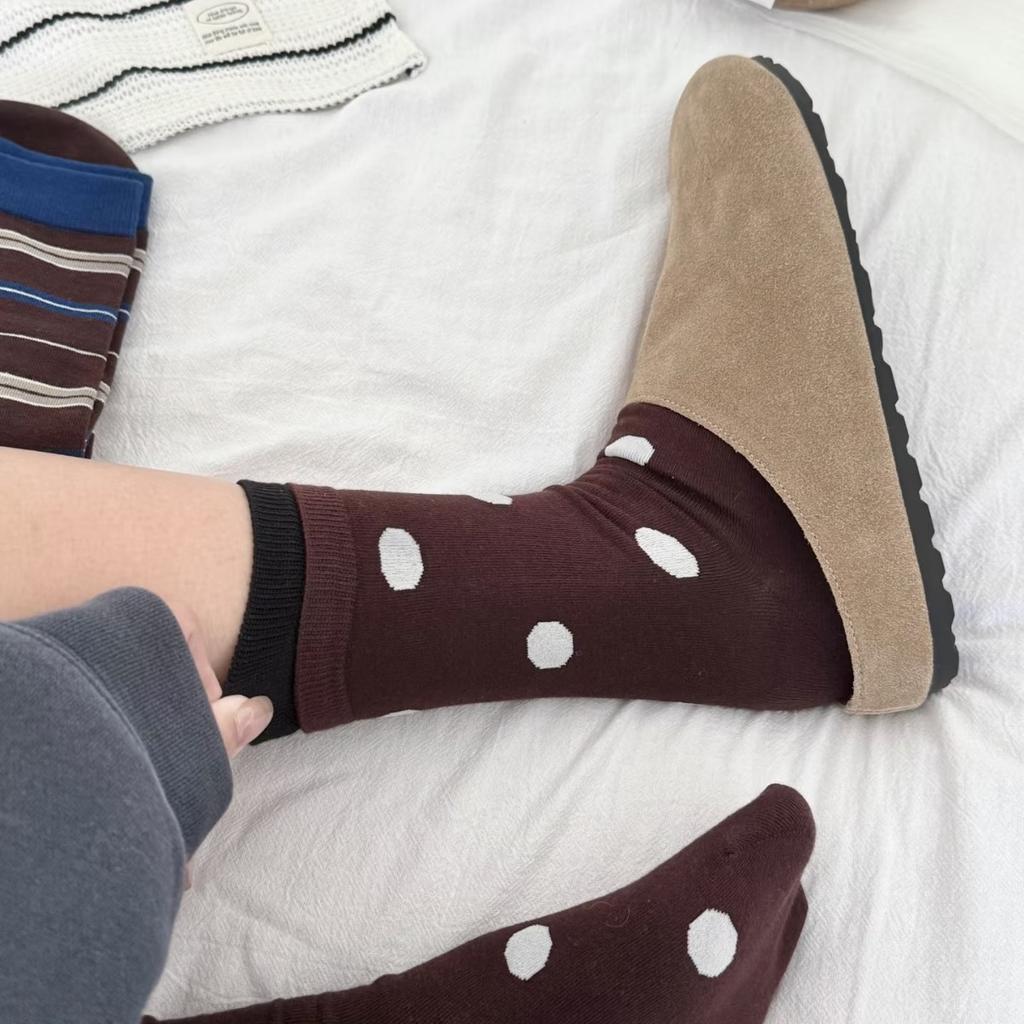 Fashion Blue-Brown Contrasting Striped Socks Autumn Cotton Wrapping Straight Socks Crimped Large Dot Stacked Medium Tube Socks
