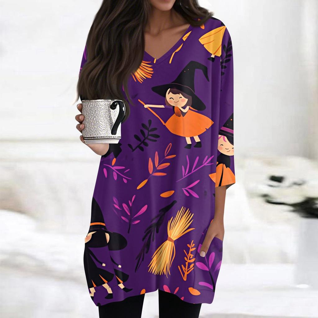 Womens Tops V-neck 3/4 Sleeve Blouses Casual Mid-length Shirts Fashion Halloween Print Tunic Tops With Pockets