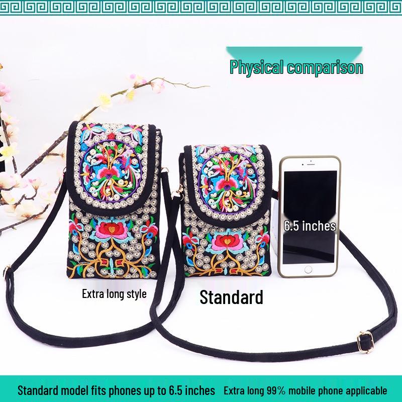 Crossbody Embroidered Womens Ethnic Canvas Handbag With Double Layer For Phone And Coins