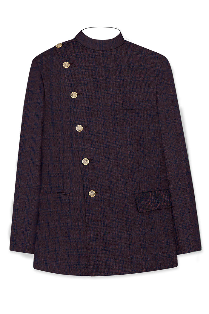 Блейзер Woolrich Bandhgala с тонкой клеткой цвета Thunder Brown и планкой на пуговицах 38