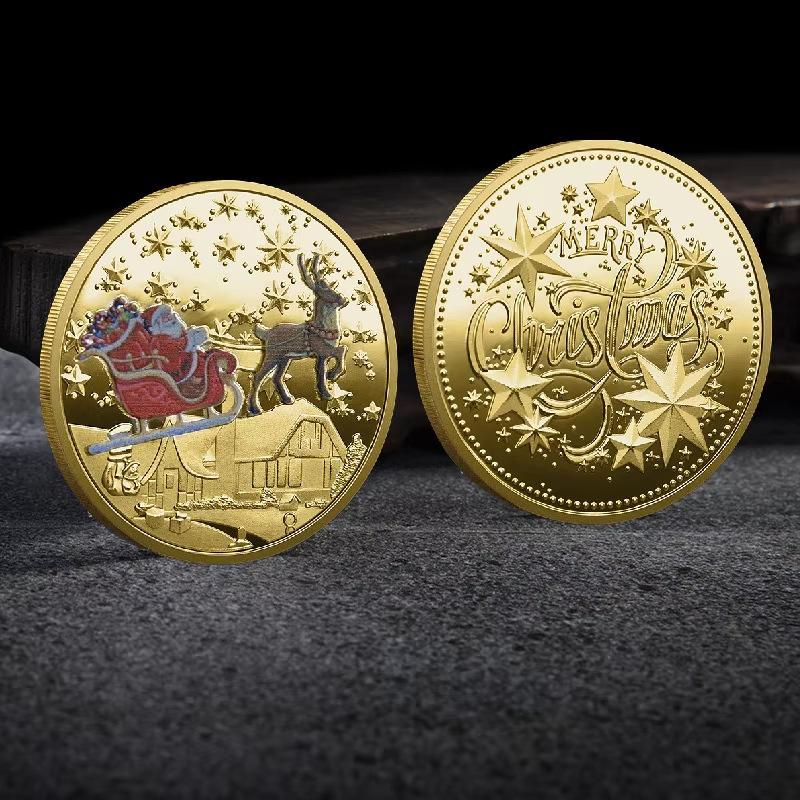 1Pcs Merry Christmas Plated Gold Coin Santa Claus Colorful Star Snow Collectible Coins Christmas Souvenirs