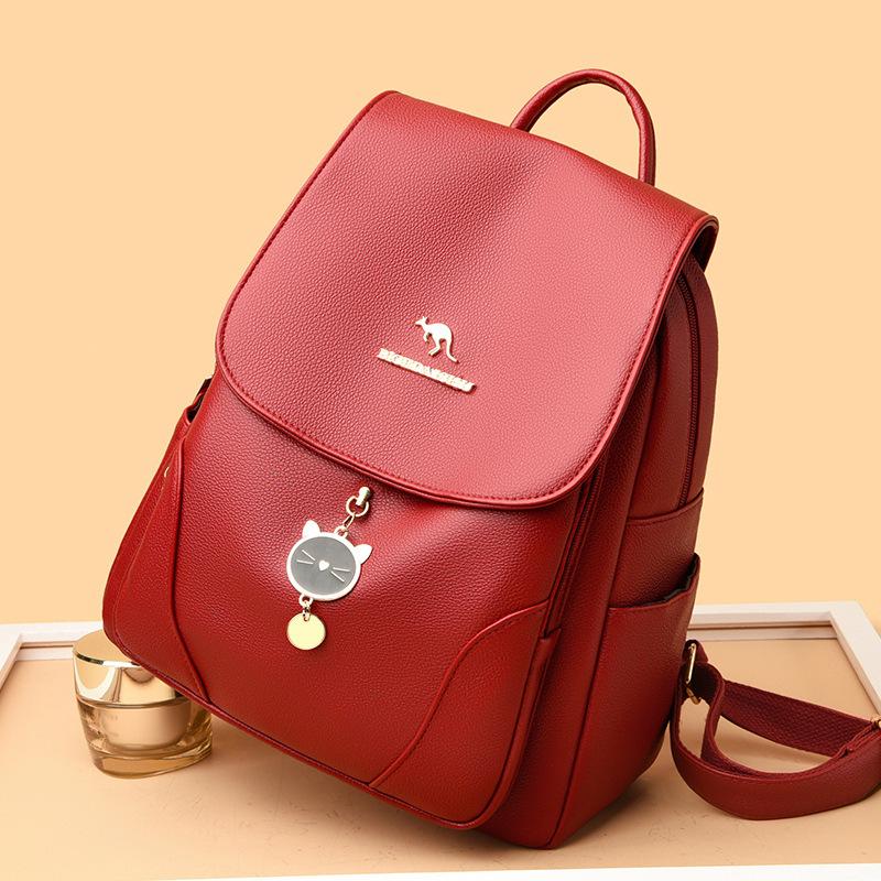 Schoolbag Backpack Women's 1011 Summer New Korean Version Simple Fashion Shoulder Women's Bag Soft Leather Backpack Travel School Bag