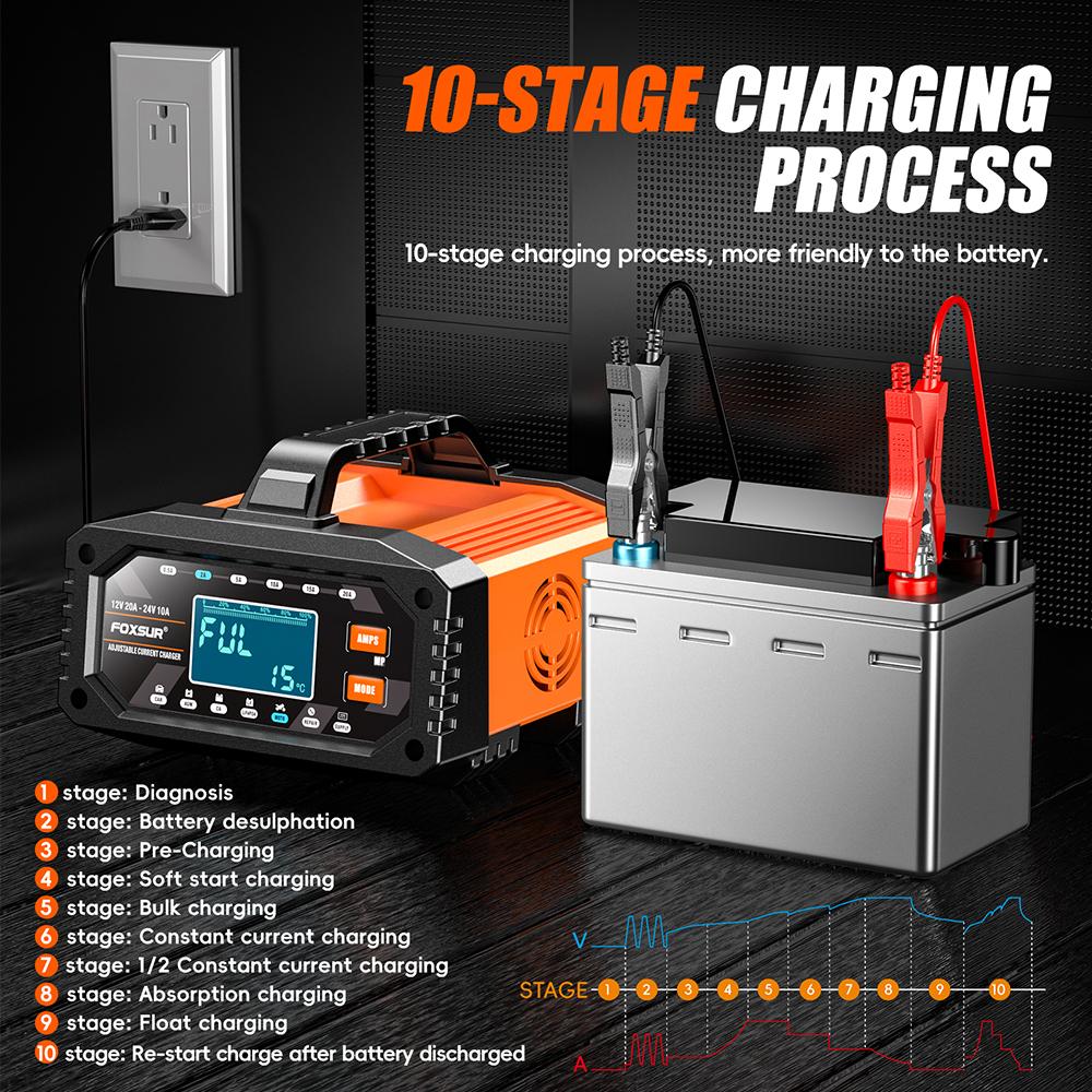 For AGM GEL SLA Lead-Acid LiFePO4 7-stage Chargers Smart Battey Charger 12V 24V 20A 10A Large Screen Digital Display Car Motorcycle Battery Charger