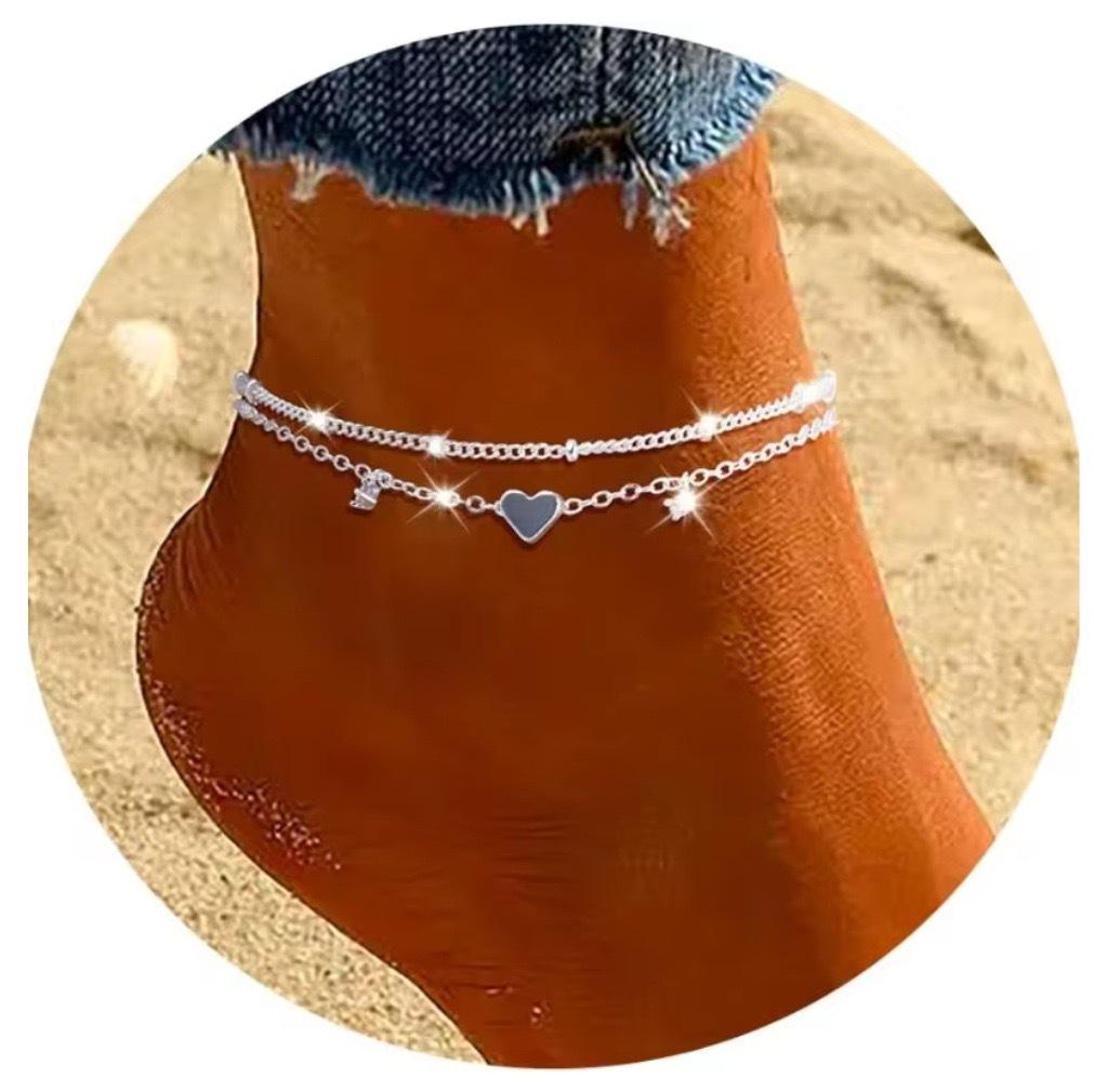 Bohemian Anklet Bracelets for Women, CZ Heart Charm Waterproof Chain, Summer Beach Barefoot Jewelry Gift for Girl