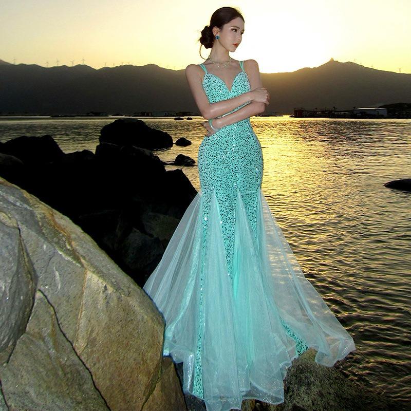 French Sexy Retro Sequin Dress Women's Suspender Waist Fishtail Dress Birthday Party Dress Long Skirt