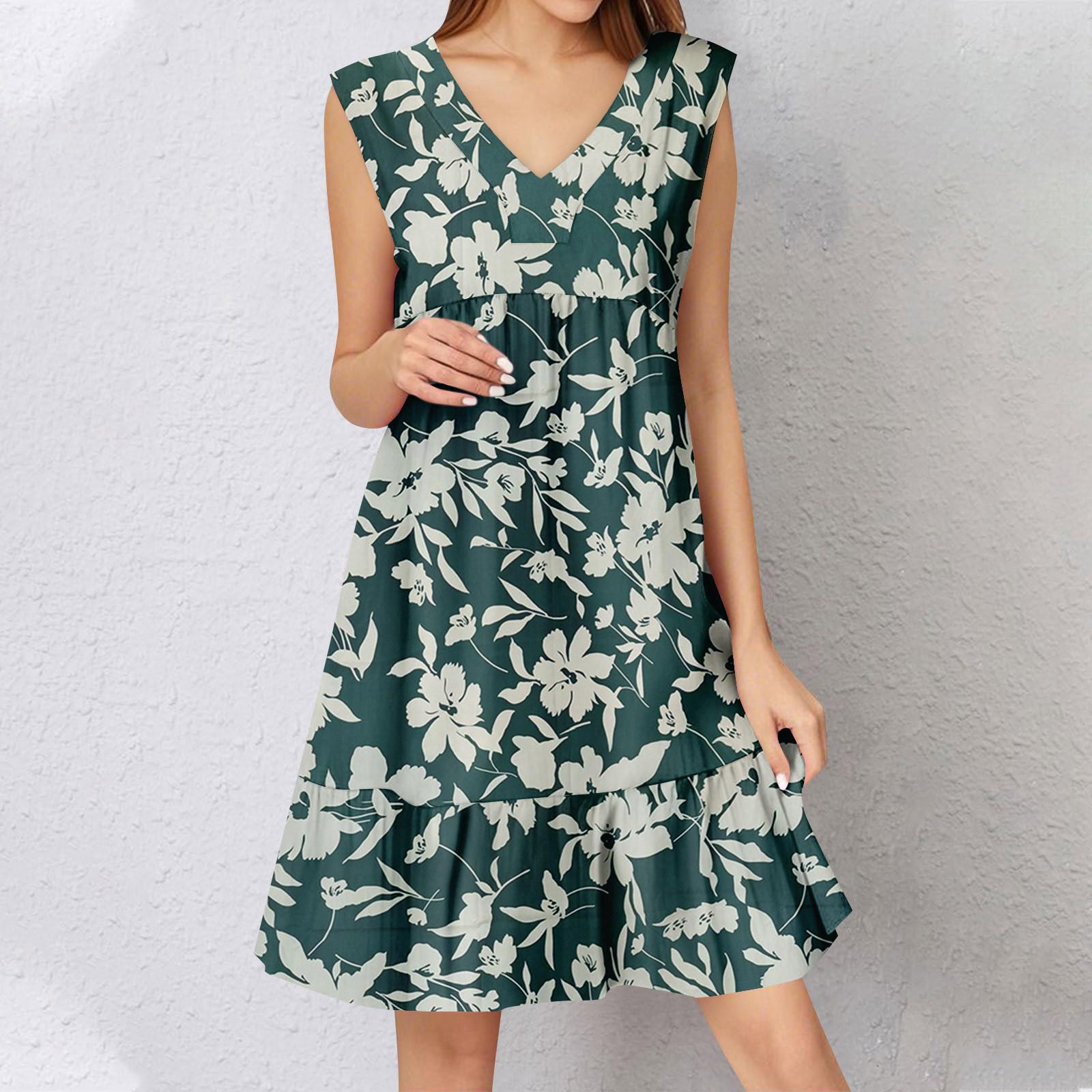 

Женское летнее платье без рукавов с V-образным вырезом и принтом, короткие платья, модное повседневное струящееся бохо-платье с оборками, свободное платье-сарафан S зелёный