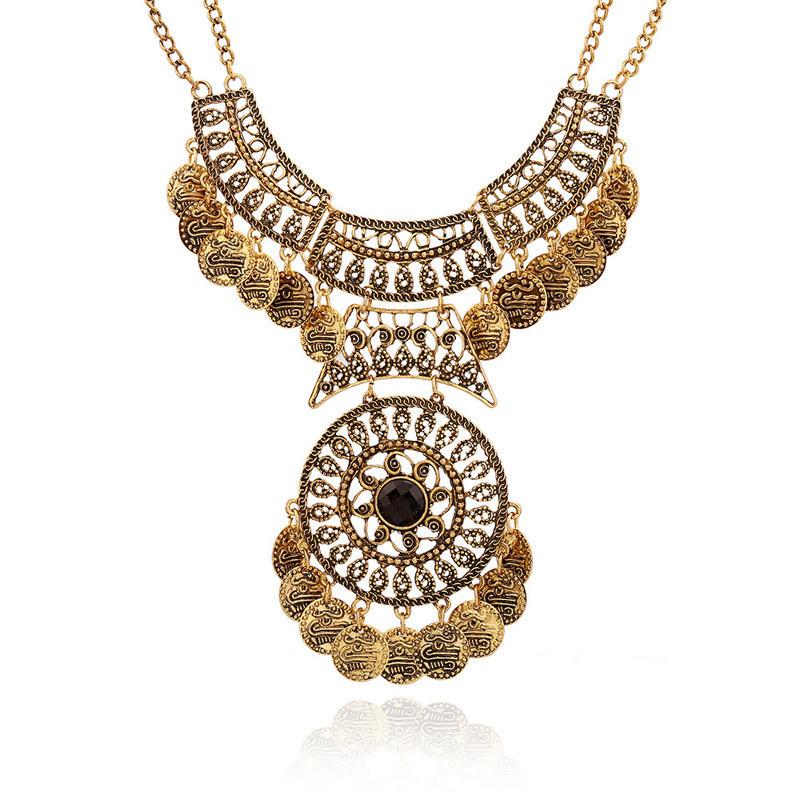 Bohemian Vintage Necklace For Women Gypsy Double Chain Coin Ethnic Tribal Statement Necklace Turkish Jewelry Collier