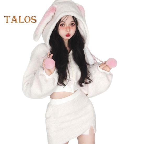 

2 шт./комплект женский костюм с капюшоном и юбкой толстый плюшевый декор в виде заячьих ушей короткий топ высокая талия облегающий мини-юбка комплект косплей вечеринка наряд для домашнего шопинга M белый