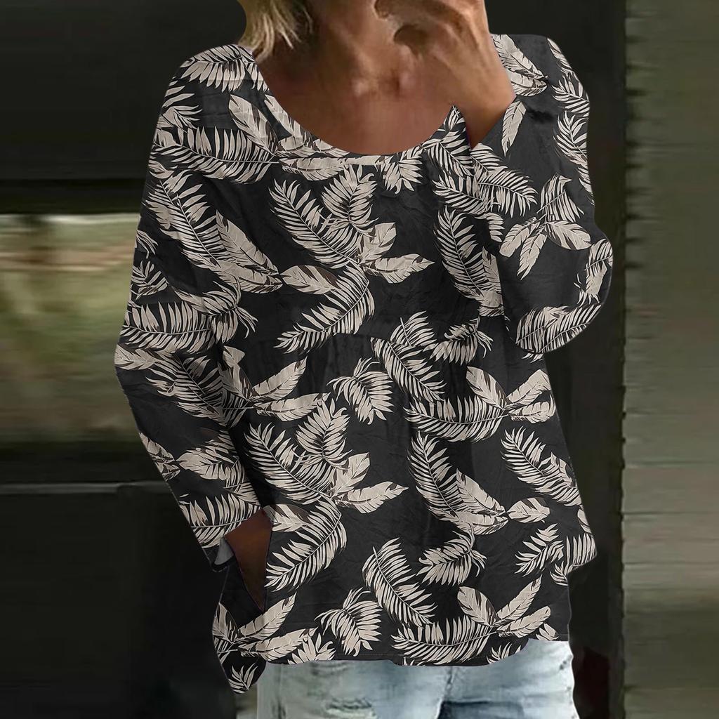Damen Casual Mode Locker Rundhals Blumenmuster Langarm Oberteil