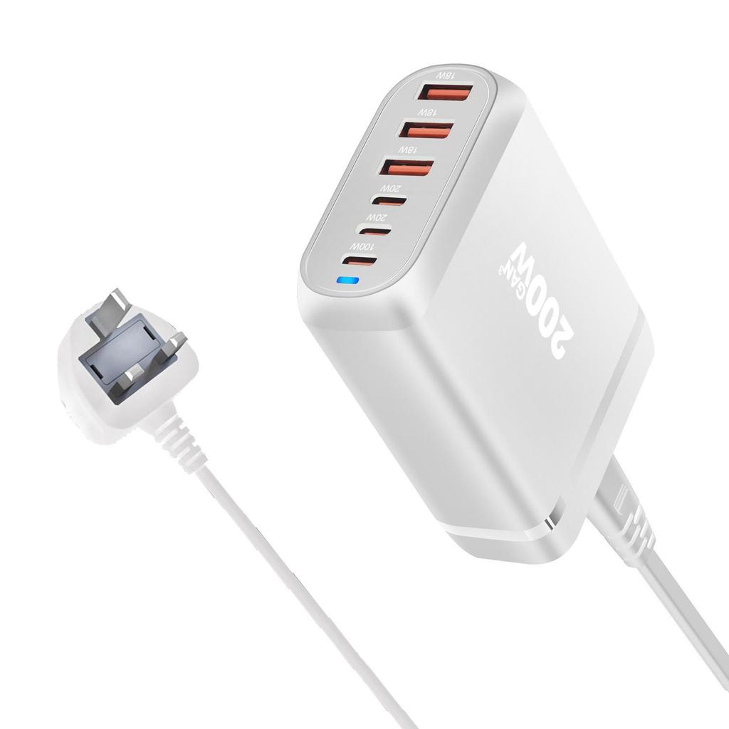 200W Gallium Nitride Multifunctional Desktop Charger with 3A3C Ports - Universal Fast PD Charging Adapter