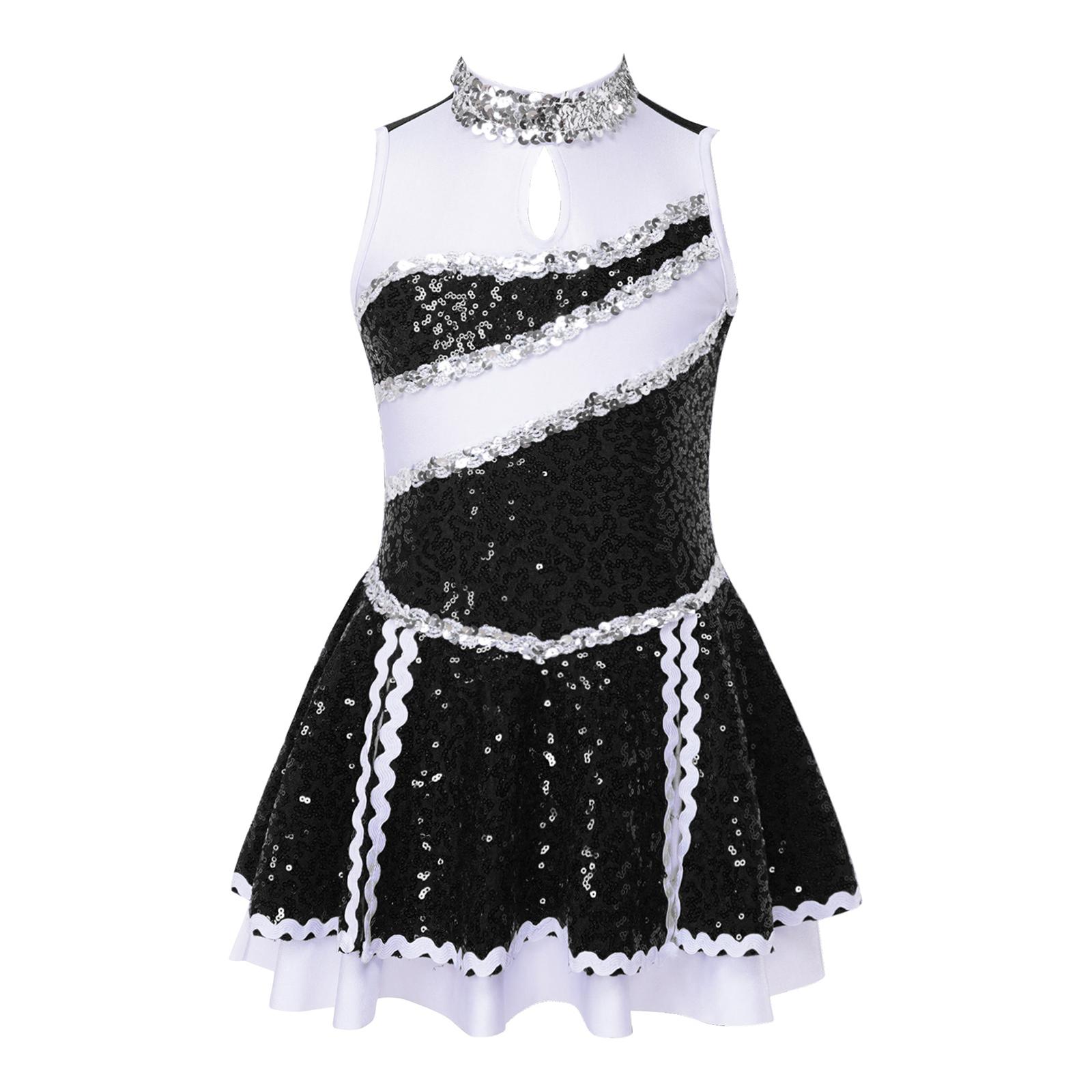 

Girls Cheerleading Dance Costume Sleeveless Shiny Sequins Patchwork Style Invisible Zipper Back Dress 15-16 Years чорний