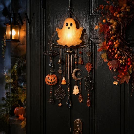 Outdoor Garden Decoration Halloween Luminous Ghost Wind Chime, Glow-in-The-Dark Hanging Ornament with Pumpkin Bat Weatherproof Metal Pendant