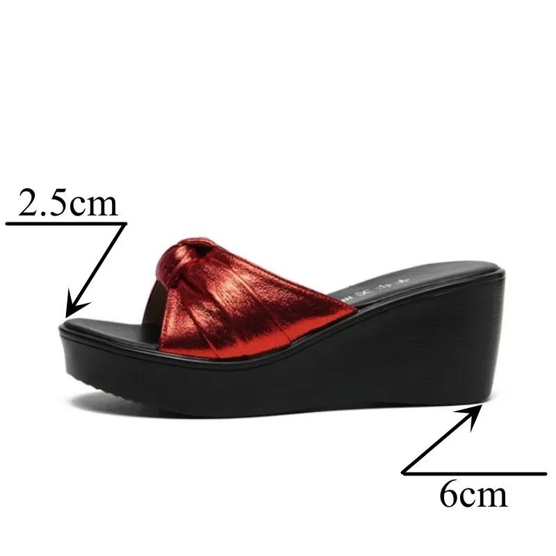 Plus Size 32-43 Medium Heels Platform Shoes Silver Slippers Summer 2025 Womens Chunky Wedges Slides for Office Beach Wedding