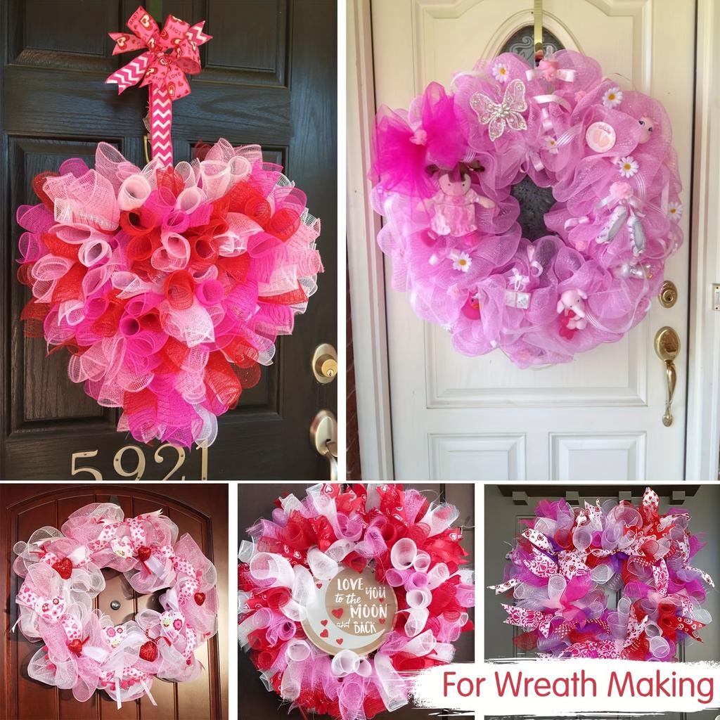 4 Rolls 10 Inch Red/Pink/White Decorative Mesh Ribbon, for Wreath Supplies Front Door Wreath Crafts Tree Decor Christmas NewYears Valentine'S Day